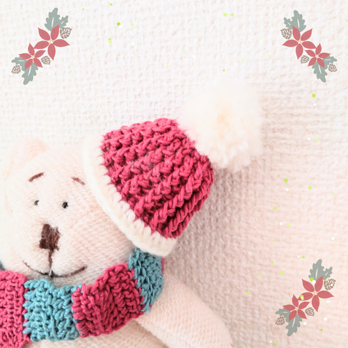 ぬいぐるみ用】ニット帽＆マフラーセット（クリスマスカラー）ひもを通