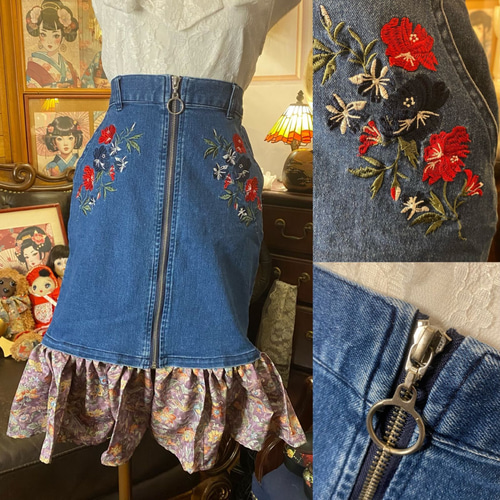 展示品　◇着物リメイク◇  セットアップ　ブルー　植物柄　ベルト2つ付き 展示品 ◇着物リメイク◇ セットアップ 若草色 ベルト付き 1点
