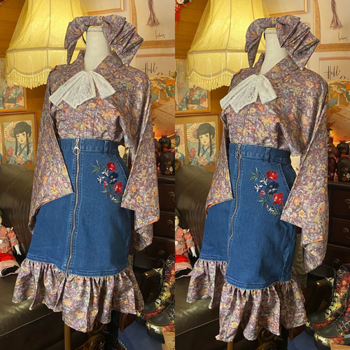 展示品　◇着物リメイク◇  セットアップ　ブルー　植物柄　ベルト2つ付き 展示品 ◇着物リメイク◇ セットアップ 若草色 ベルト付き 1点