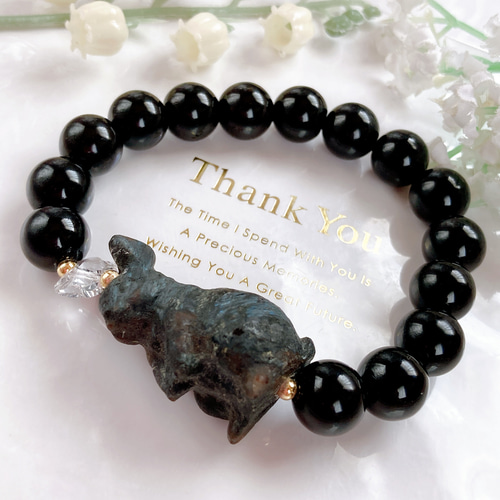 【一点物】ラリマー ハート＆鹿角うさぎ・フローライトねこちゃん天然石ブレスレット 一点物】ラリマー ハート＆鹿角うさぎ・フローライトねこちゃん