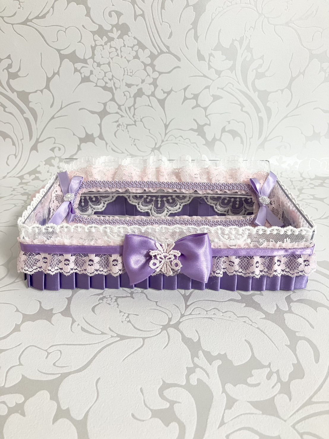 ピンクレース×パープルリボン　コンパクトボックス　ティッシュケース　楽屋グッズ　楽屋用品
