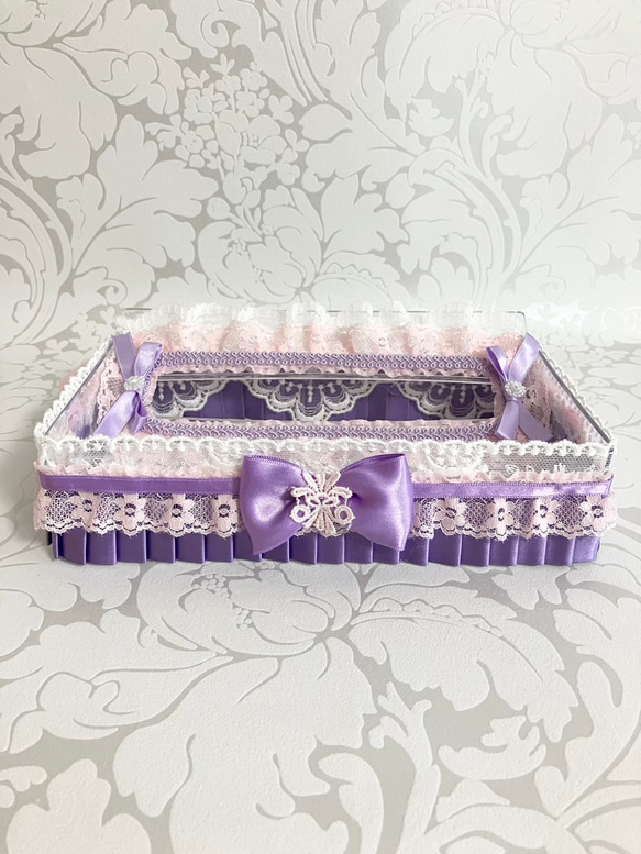 ティッシュケース　デコケース　ハンドメイド　キラキラ　パープル ピンクレース×パープルリボン コンパクトボックス ティッシュケース