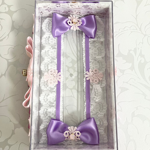 ピンクレース×パープルリボン コンパクトボックス ティッシュケース