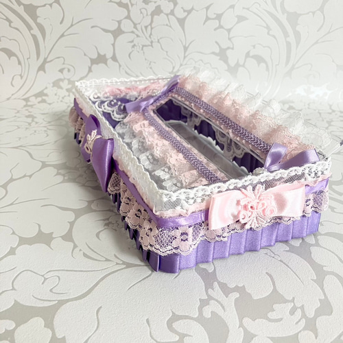ピンクレース×パープルリボン コンパクトボックス ティッシュケース