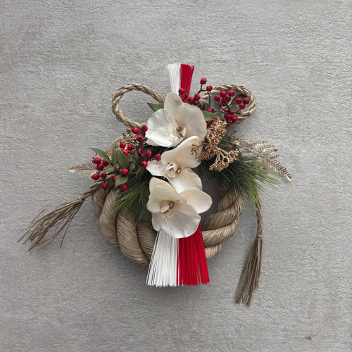 胡蝶蘭 紅白 艶やかな水引き しめ縄飾り しめ縄 お正月飾り 大きな