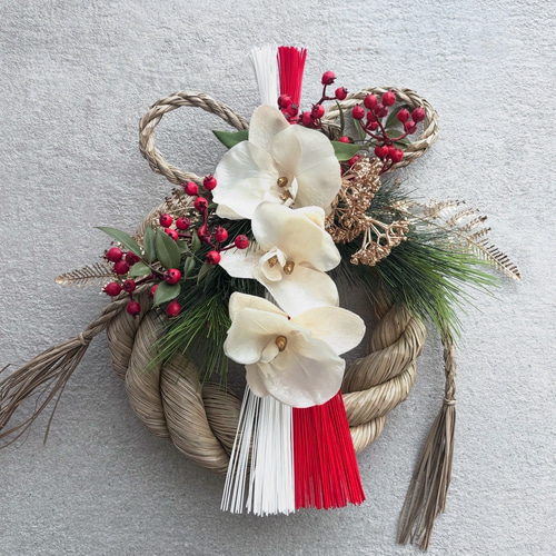 胡蝶蘭 紅白 艶やかな水引き しめ縄飾り しめ縄 お正月飾り 大きな