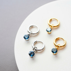 【秋冬の深み】ロンドンブルートパーズのミニフープピアス　11月誕生石  サージカルステンレス　ゴールド　シルバー　小さめ 3枚目の画像