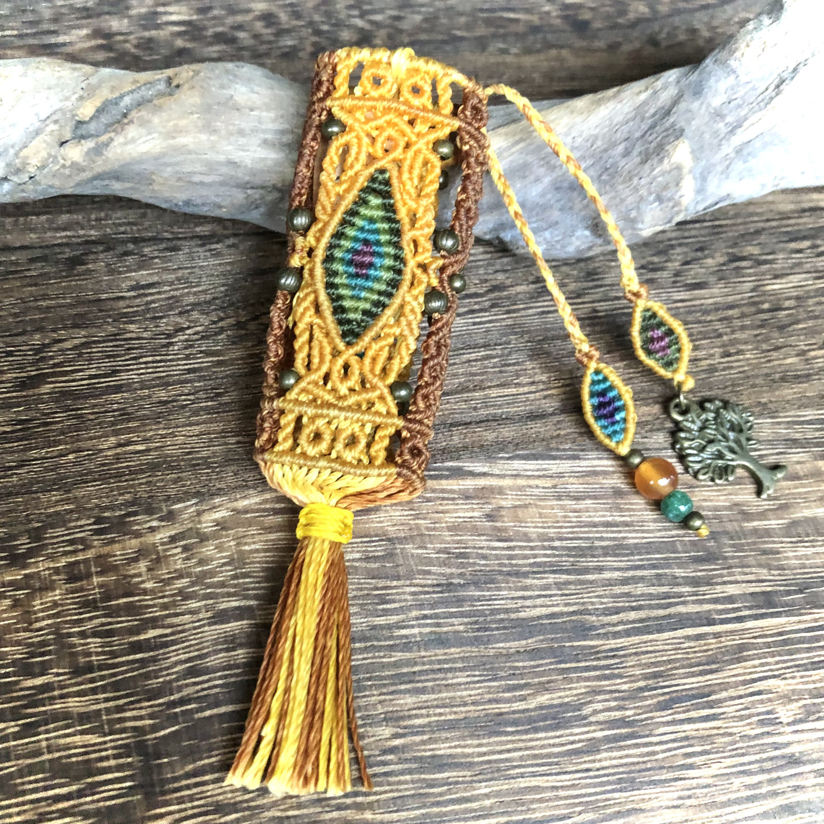 マクラメライターケース カーネリアン&アベンチュリン イエロー×キャメルブラウン