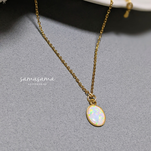 サージカルステンレス】京都オパールの上品ネックレス/大きめ