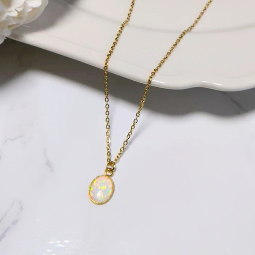 サージカルステンレス】京都オパールの上品ネックレス/大きめ