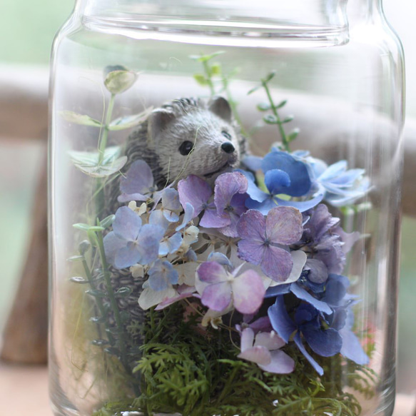 ❤【森の妖精ハリネズミ君】生花のような枯れない本物のお花/ガラスジャーボトル・ドライフラワー・誕生日・結婚祝い・記念日 4枚目の画像