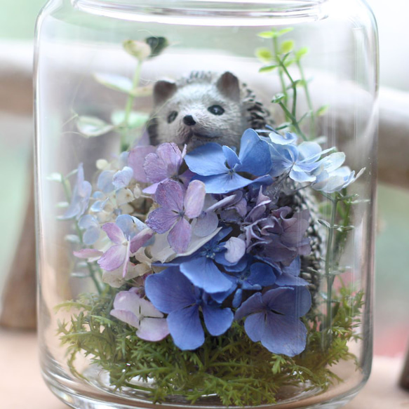 ❤【森の妖精ハリネズミ君】生花のような枯れない本物のお花/ガラスジャーボトル・ドライフラワー・誕生日・結婚祝い・記念日 2枚目の画像