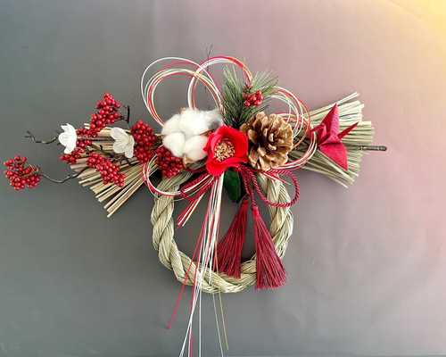 特別価格＊お正月飾り＊新年を祝う赤椿と鶴のしめ縄しめ飾り＊無料