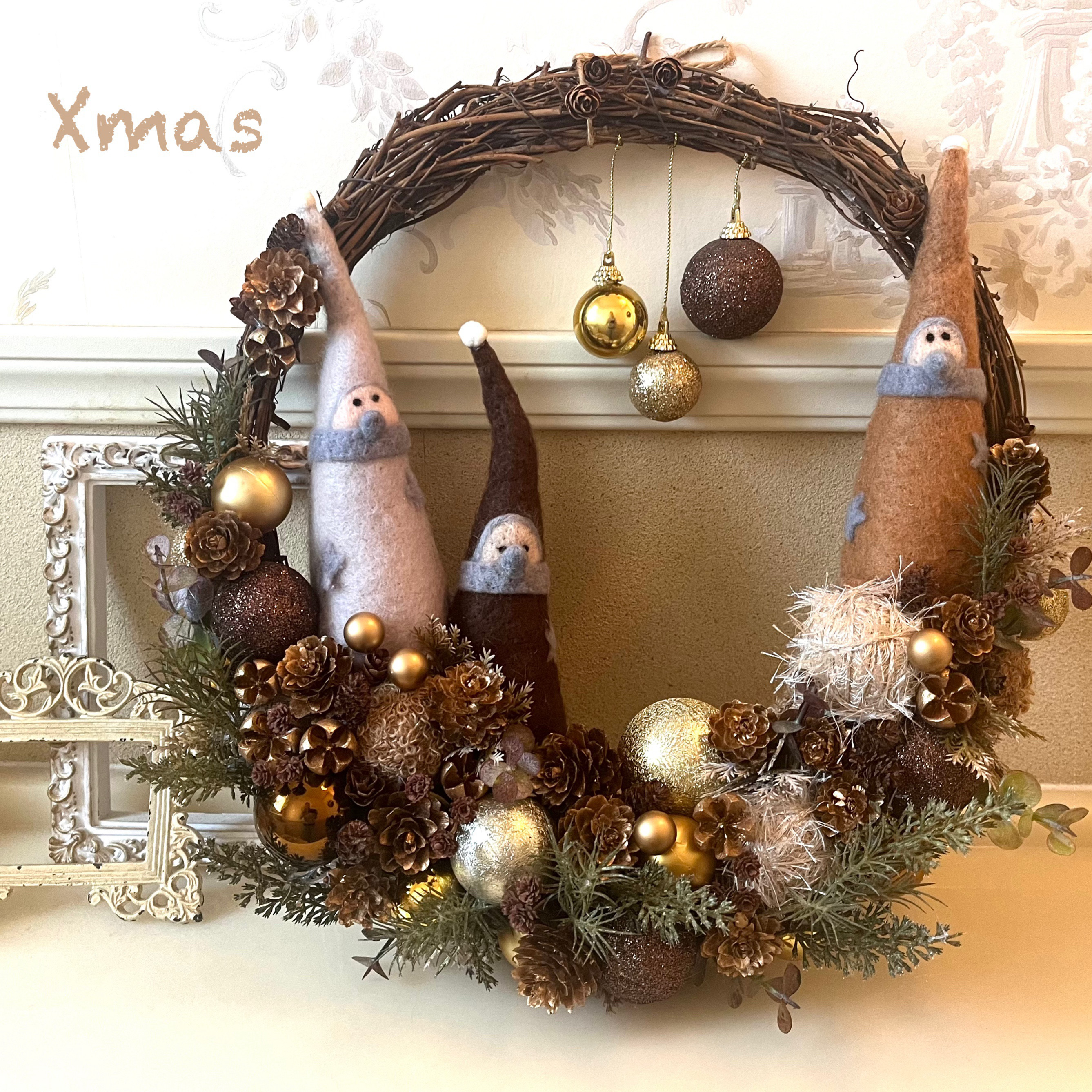【新品】アイアンベル30個  ゴールド　飾り　クリスマス　オーナメント　リース Xmas]✤ブラウン小人のクリスマスリース✤アートフラワー
