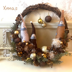 Xmas]✤ブラウン小人のクリスマスリース✤アートフラワー フェルト小人
