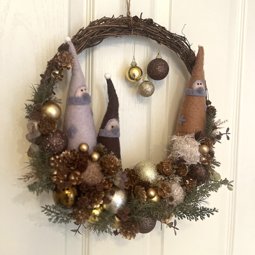 Xmas]✤ブラウン小人のクリスマスリース✤アートフラワー フェルト小人