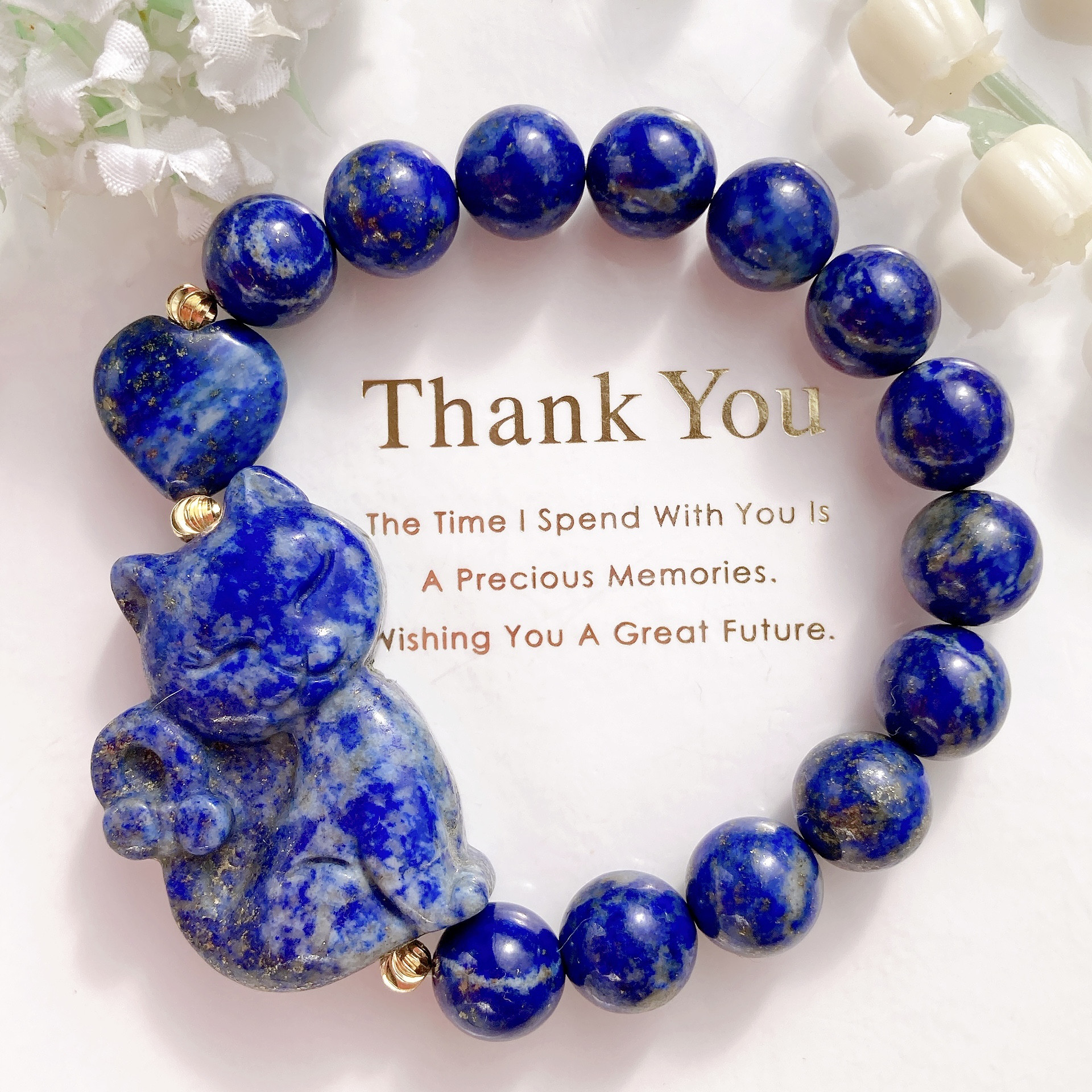 ˚✧₊⁎再々販˚✧₊⁎ ラピスラズリ猫ちゃんハート天然石ブレスレット