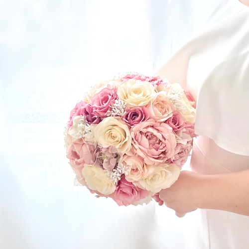 ブートニア込】ピンクベージュのラウンドブーケ/アーティフィシャル