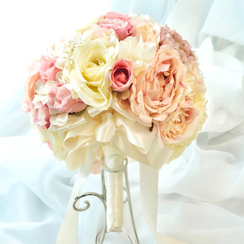 ブートニア込】ピンクベージュのラウンドブーケ/アーティフィシャル