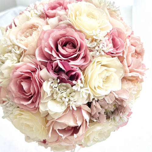 ブートニア込】ピンクベージュのラウンドブーケ/アーティフィシャル