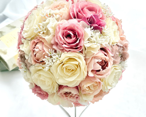 ブートニア込】ピンクベージュのラウンドブーケ/アーティフィシャル