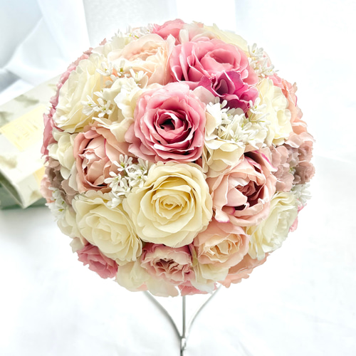 ブートニア込】ピンクベージュのラウンドブーケ/アーティフィシャル