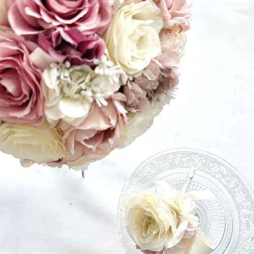 アーティシャルフラワーブーケ ウェディングブーケ ラウンドブーケ ブートニア ブートニア込】ピンクベージュのラウンドブーケ/アーティフィシャル