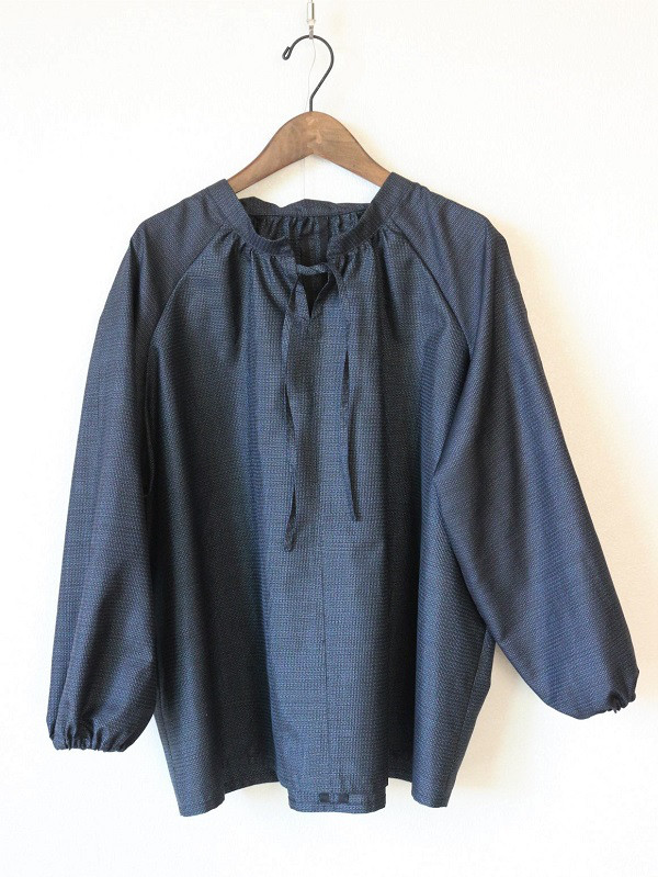 【着物リメイクオーダー】前リボンスタンドカラーギャザーブラウス