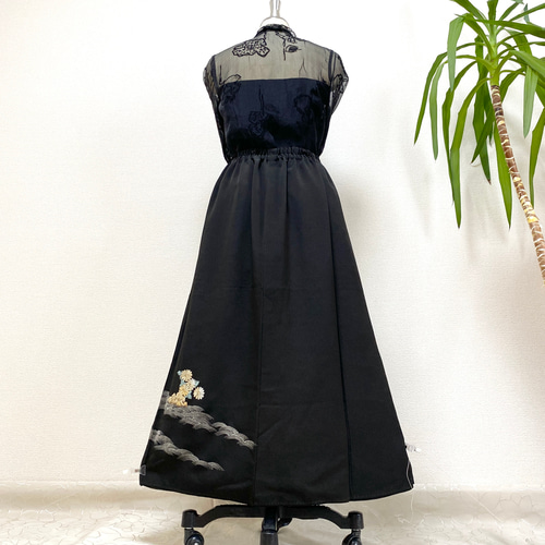 大人可愛いセレブ着物スカートフリーサイズ黒留袖着物リメイクロングスカート6251 訳あり】黒留袖着物リメイクウエストゴムロングスカート送料無料