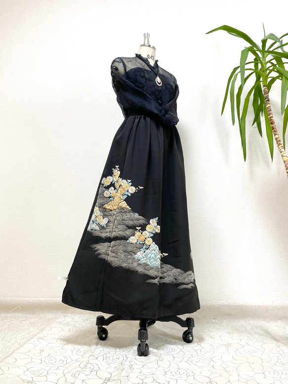 大人可愛いセレブ着物スカートフリーサイズ黒留袖着物リメイクロングスカート6251 大人可愛いセレブ着物スカートフリーサイズ黒留袖着物リメイクウエスト