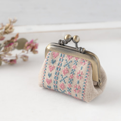 あじさい刺繍リネン巾着袋 クロスステッチのワンポイント刺繍 巾着袋