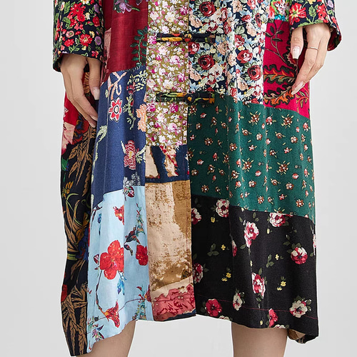 即納】1枚で多種多様な花柄を楽しめる♪長袖パッチワークワンピース