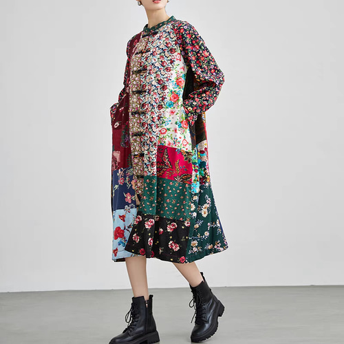 即納】1枚で多種多様な花柄を楽しめる♪長袖パッチワークワンピース