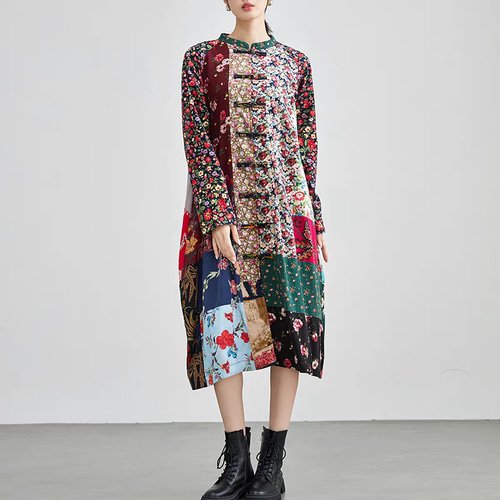 即納】1枚で多種多様な花柄を楽しめる♪長袖パッチワークワンピース