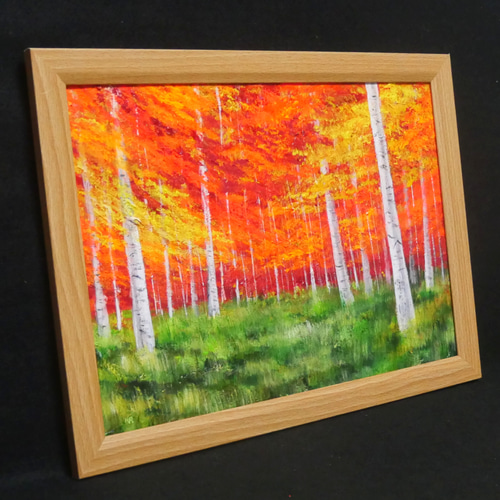 油絵 絵画 【白樺の道】 秋の絵画オリジナルの油絵白樺の木の風景湖秋の森の壁アート