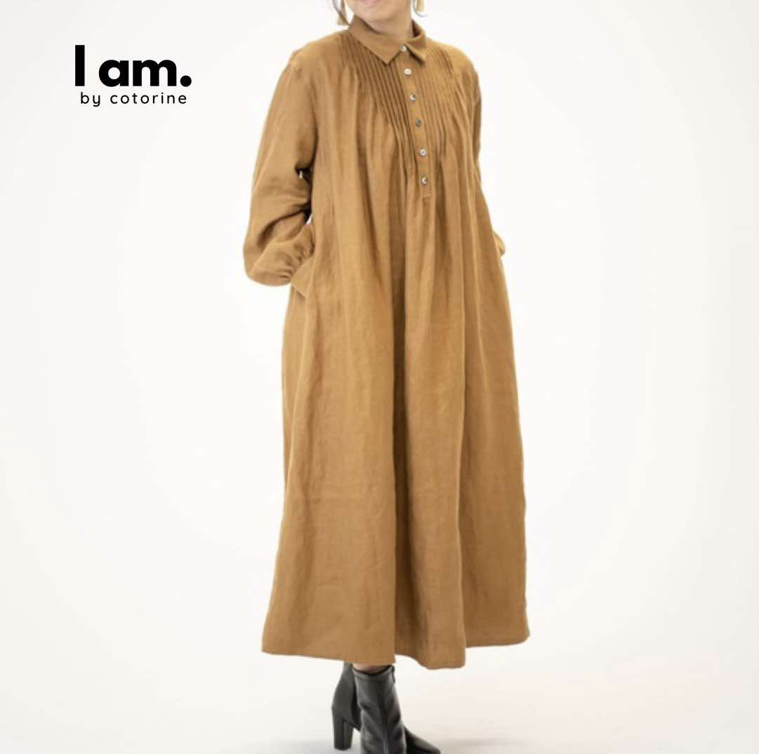 綾織フレンチリネン襟付きピンタックワンピース（選べる19色）