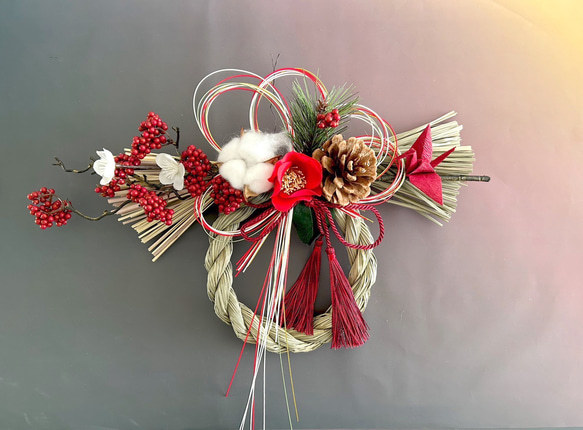 手作りキット＊早割お正月飾り＊赤椿と祝い鶴で祝うしめ縄