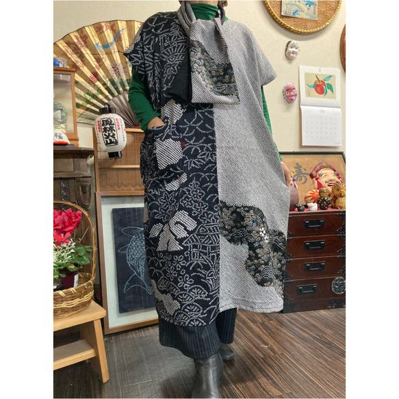 総絞り(黒)2種類のロングチュニック(ストール付き) 着物リメイク 