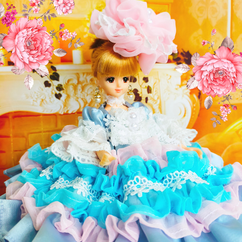 ジェニーサイズ ドールドレス ブルー 王妃 貴婦人 ハンドメイド