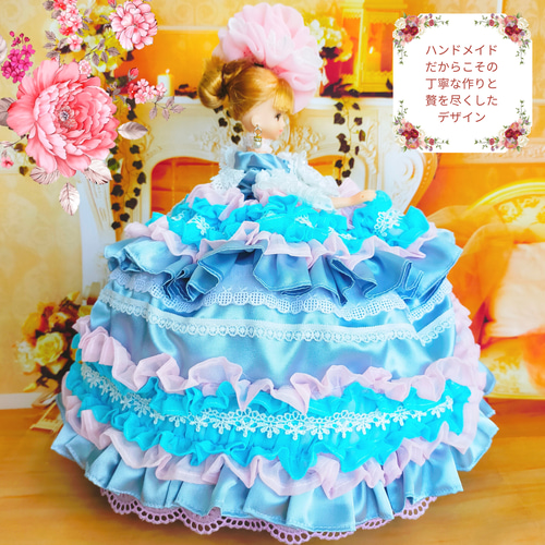 ジェニーサイズ ドールドレス ブルー 王妃 貴婦人 ハンドメイド
