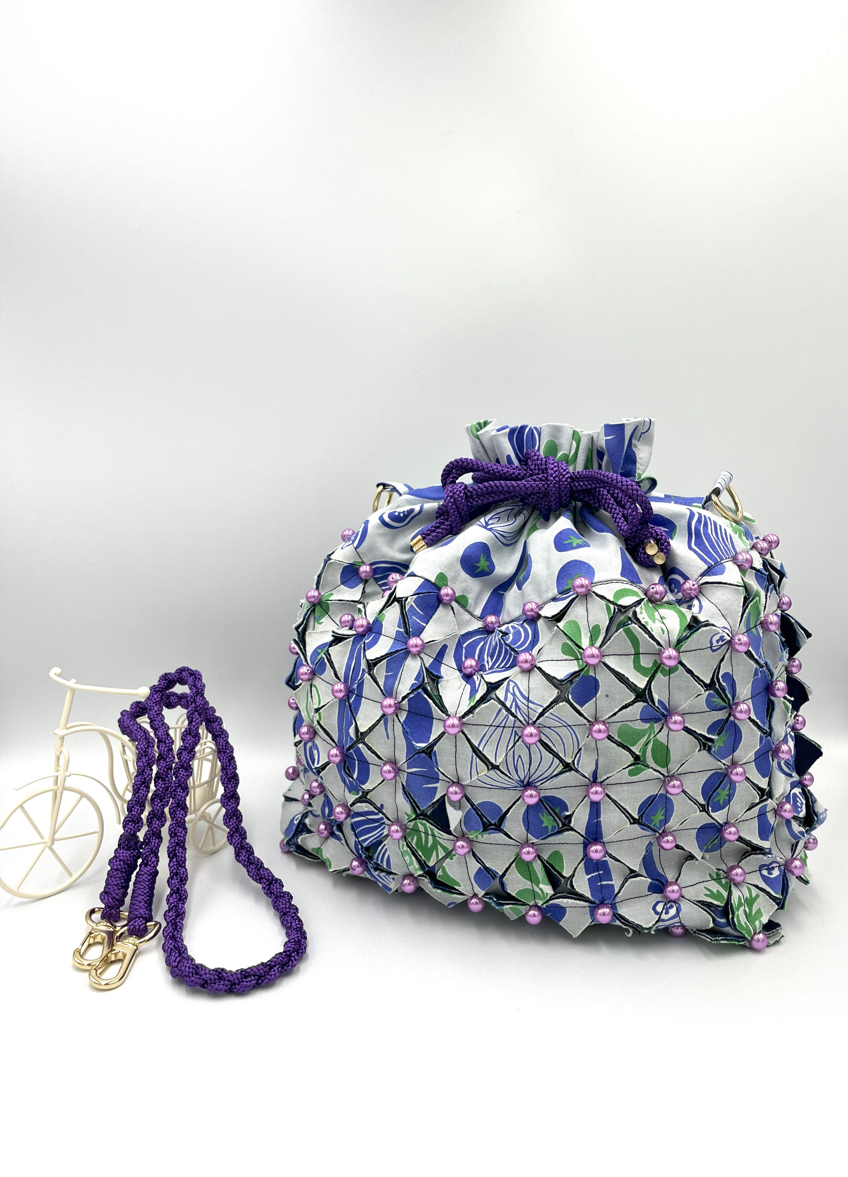ぷっくり可愛い巾着バック　『PearlBeads BAG』Vegetable×Purple 2way ショルダー