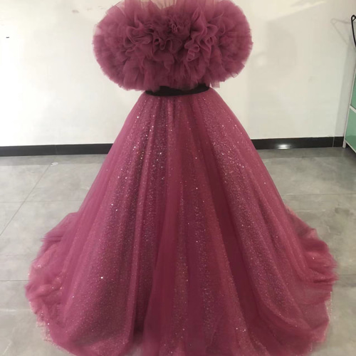 ビビッドピンク カラードレス オフショルダー キラキラグリッター  