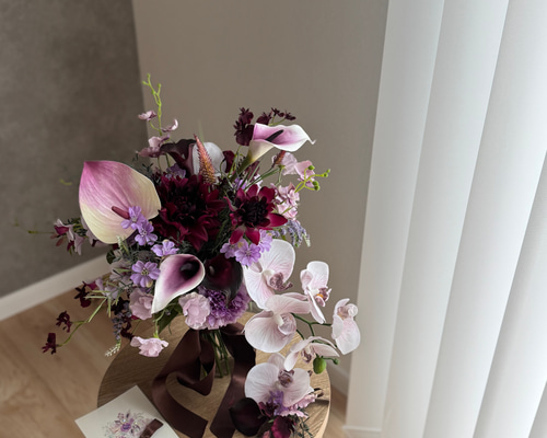 再販！完成品ブーケ】パープルブーケ 秋冬ブーケ ウェディングブーケ