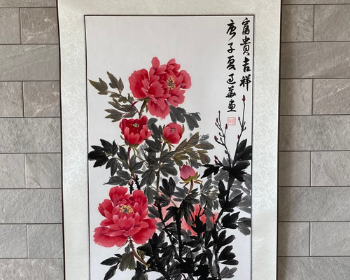 水墨画 掛軸 青いアイリス 花 70cm×16cm 和風の装飾
