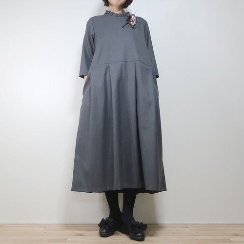 ハンドメイド グレー×イエロー起毛チェック フリル付きノーカラー前