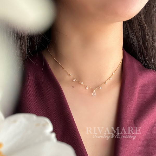 「輝く月のしずく」レインボームーンストーンネックレス 極小パール ホワイトトパーズ ネックレス シャンデリアネックレス