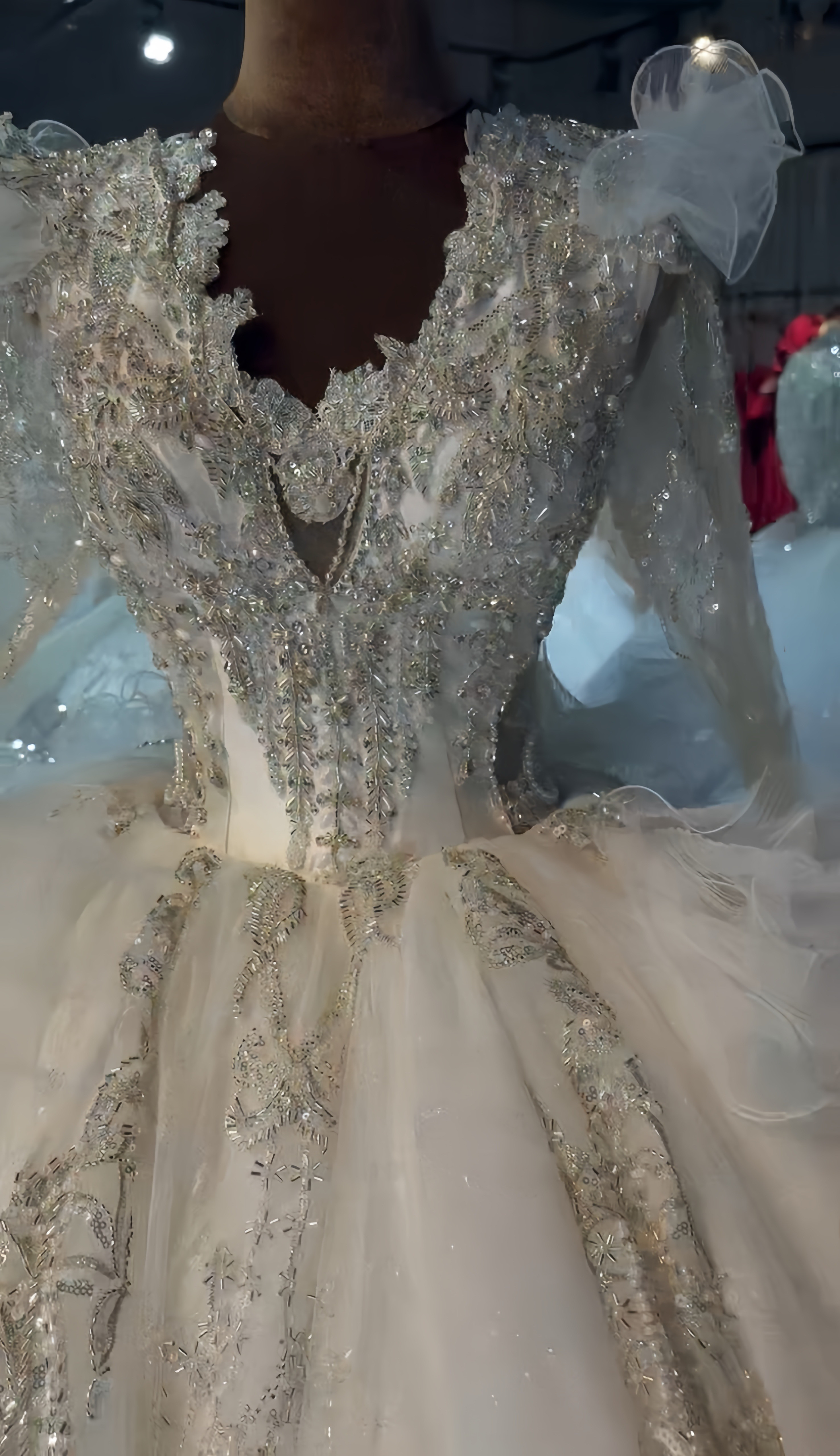 大好評！女王派　vネック　セクシー　グリッター　シースルー袖　冬婚秋婚 豪華なウェディングドレス　披露宴前撮り2次会挙式