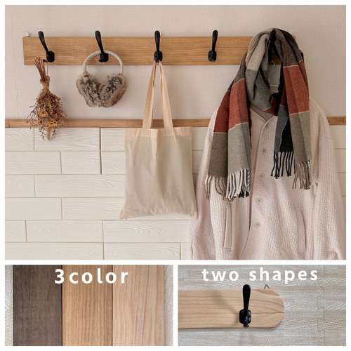 賃貸OK【カラーも形も選べる】木製5連アイアンフック 取り付けピン付き