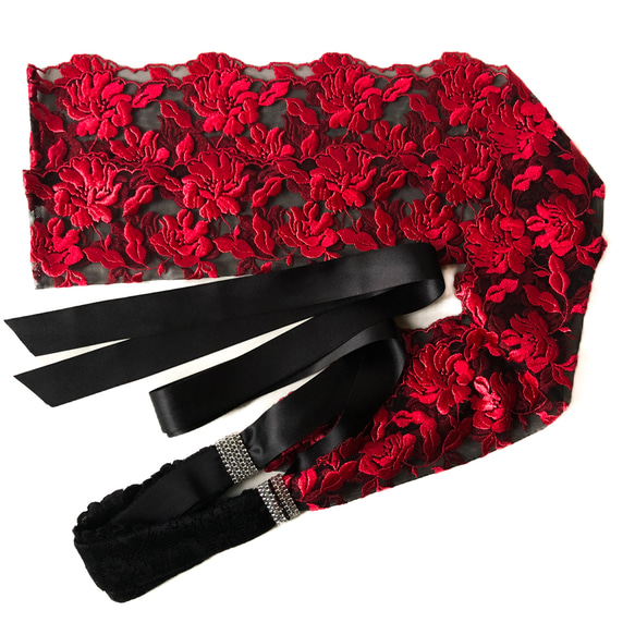 帯枕も使える帯揚げ付き三重紐 チュールレースが美しい 黒地に赤いバラ