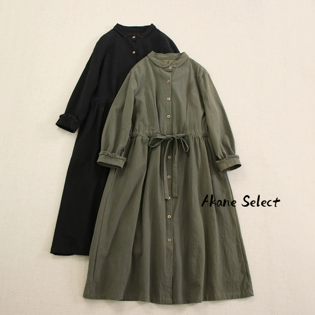【長袖のシャツワンピース★丸ネック】シンプル│後ろボタン│バルーンスリーブ│カジュアルな森ガール風│O-78LB